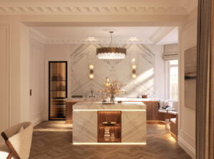 Europaljus - En bild av ett kök med marmorgolv och en kristallkrona.
