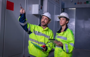 Europaljus - Två elektriker står framför en elpanel och säkerställer energibesparing.