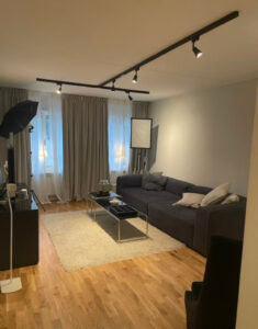 Europaljus - En modern vardagsrum med en grå soffa, ljusskenor är grejen, och hårdträgolv.